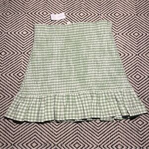 NWT Cotton Linen Blend Green Gingham Smocked Skirt XXL girly spring with ruffle